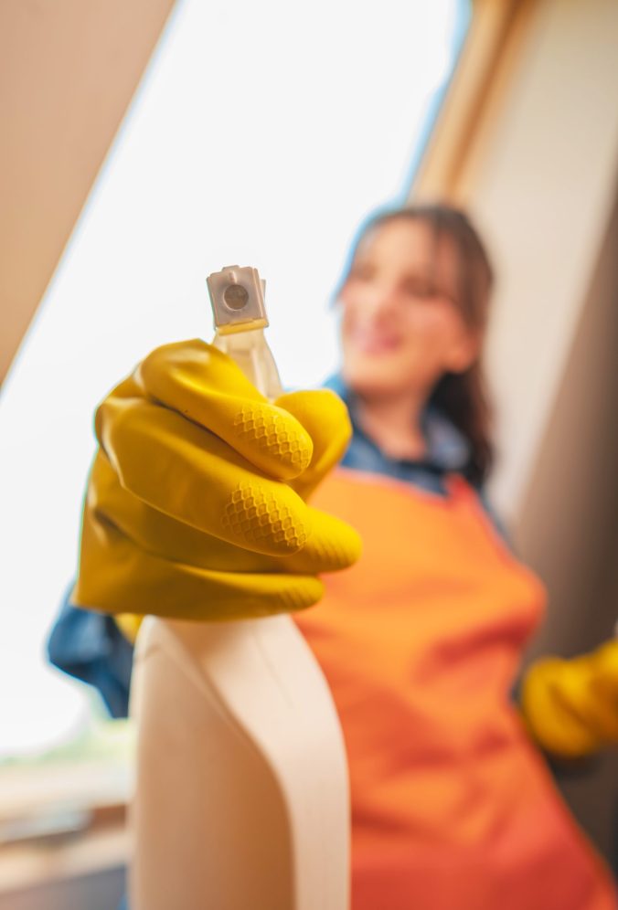 Young woman washing window in her apartment, holding rag and cleaning product in bottle